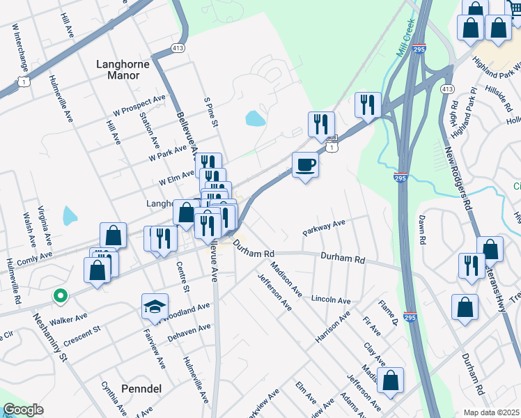 map of restaurants, bars, coffee shops, grocery stores, and more near 255 East Lincoln Highway in Penndel