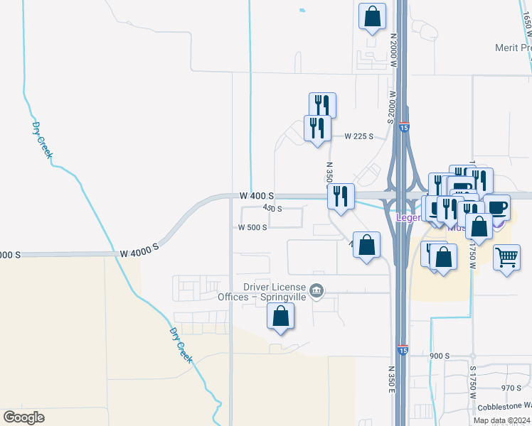 map of restaurants, bars, coffee shops, grocery stores, and more near 2515 450 South in Springville