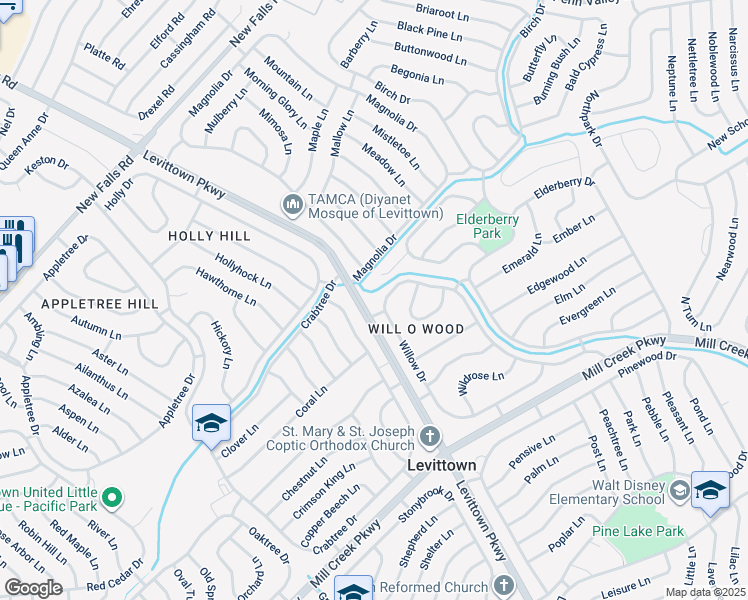 map of restaurants, bars, coffee shops, grocery stores, and more near 148 Willow Drive in Levittown