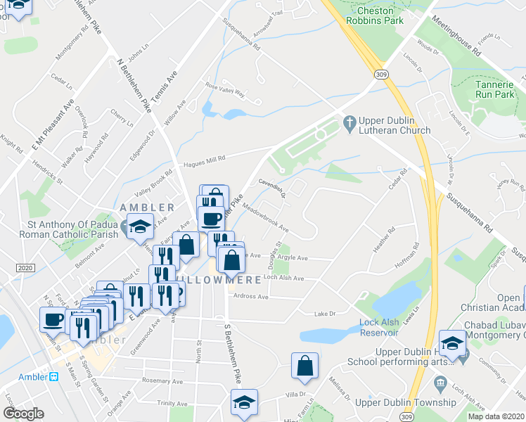 map of restaurants, bars, coffee shops, grocery stores, and more near 534 Meadowbrook Avenue in Ambler