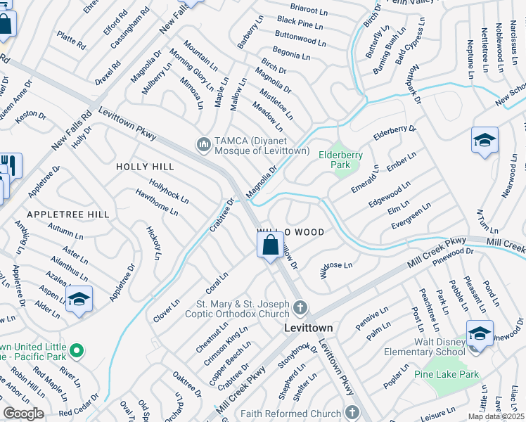 map of restaurants, bars, coffee shops, grocery stores, and more near 148 Willow Drive in Levittown
