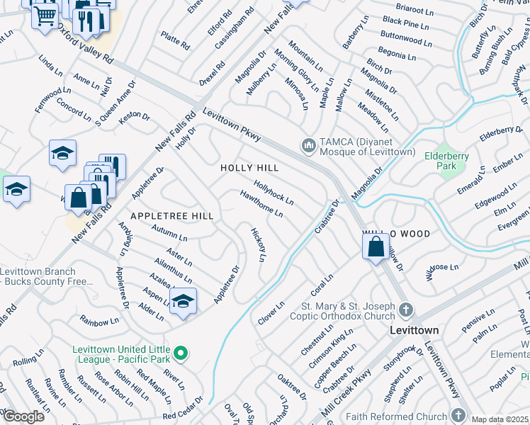 map of restaurants, bars, coffee shops, grocery stores, and more near 35 Heather Lane in Levittown