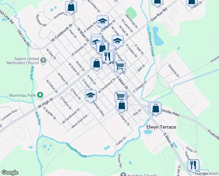 map of restaurants, bars, coffee shops, grocery stores, and more near 3 South Charlotte Street in Manheim