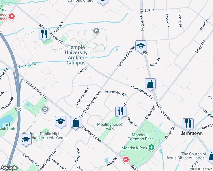 map of restaurants, bars, coffee shops, grocery stores, and more near 1469 Fort Washington Avenue in Ambler