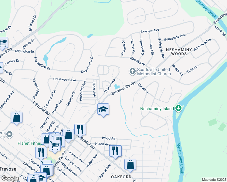 map of restaurants, bars, coffee shops, grocery stores, and more near 2304 Brownsville Road in Feasterville-Trevose