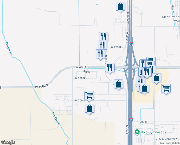 map of restaurants, bars, coffee shops, grocery stores, and more near 2480 West 450 South in Springville