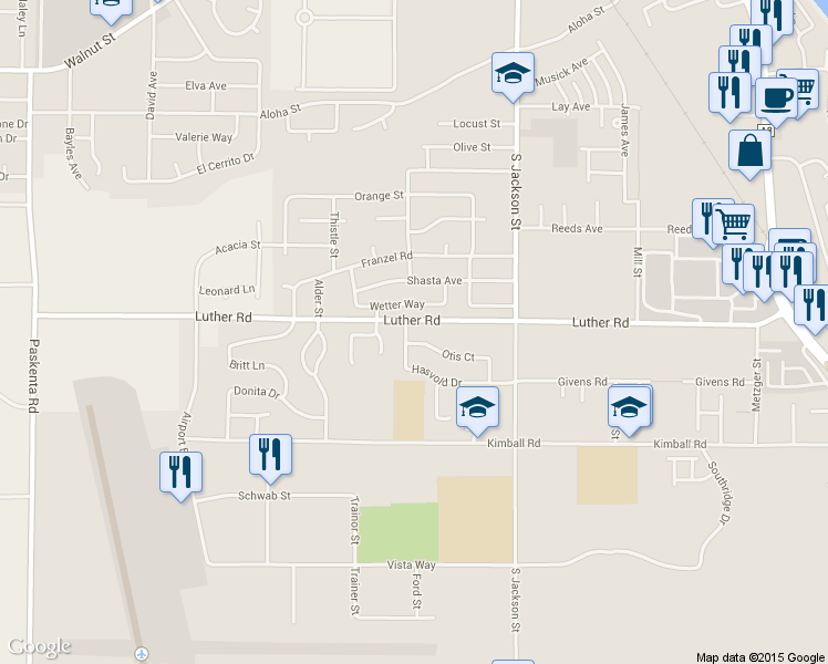 map of restaurants, bars, coffee shops, grocery stores, and more near 1055 Luther Road in Red Bluff