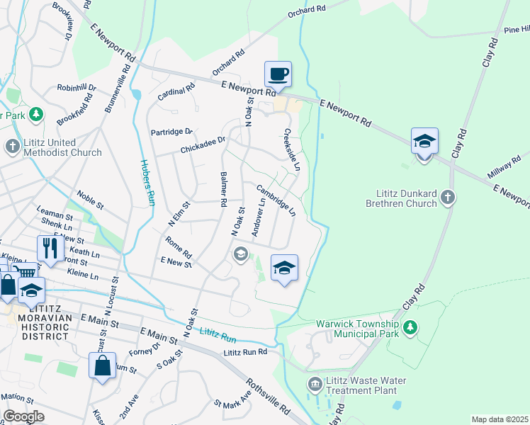 map of restaurants, bars, coffee shops, grocery stores, and more near 229 Andover Lane in Lititz