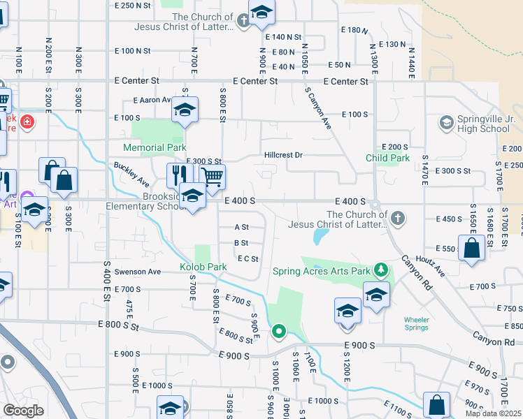 map of restaurants, bars, coffee shops, grocery stores, and more near 802 South Brookside Drive in Springville