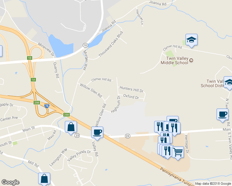 map of restaurants, bars, coffee shops, grocery stores, and more near 46 Highcroft Drive in Morgantown