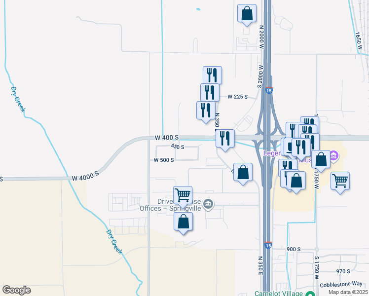 map of restaurants, bars, coffee shops, grocery stores, and more near 2480 West 450 South in Springville
