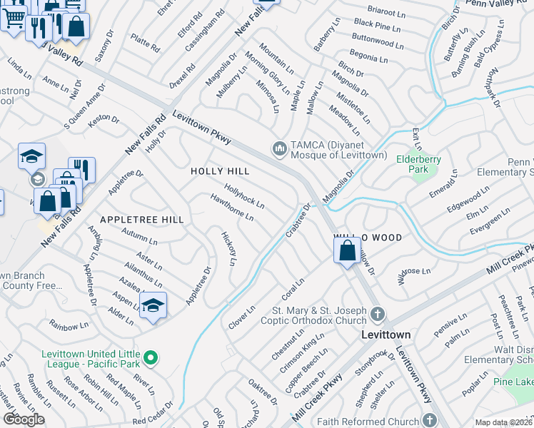 map of restaurants, bars, coffee shops, grocery stores, and more near 27 Hollyhock Lane in Levittown