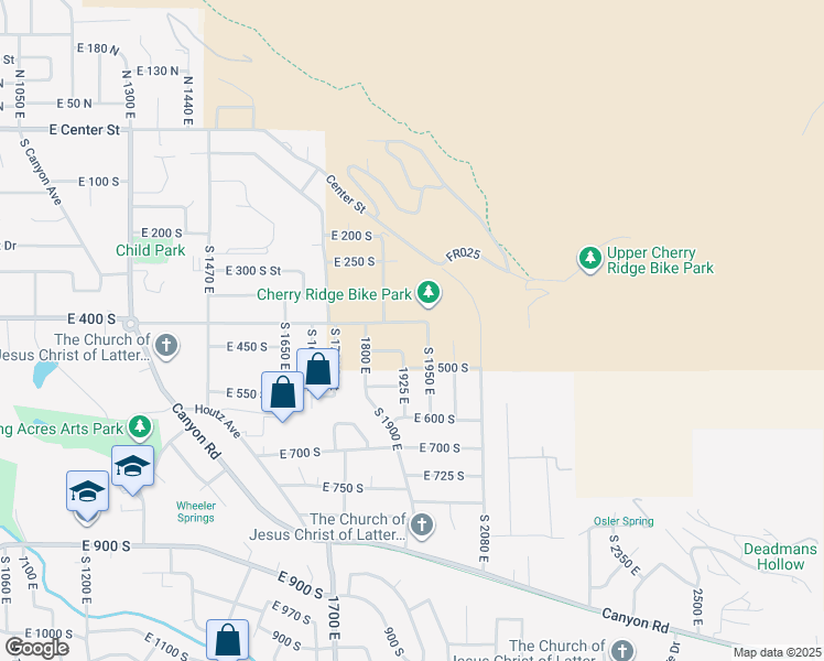 map of restaurants, bars, coffee shops, grocery stores, and more near 1936 East 400 South in Springville