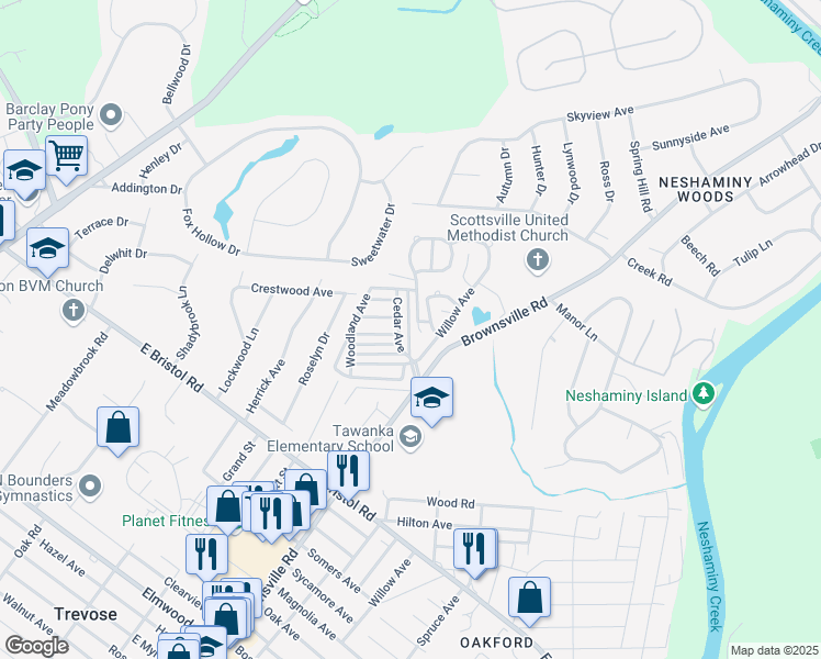 map of restaurants, bars, coffee shops, grocery stores, and more near 2304 Brownsville Road in Langhorne