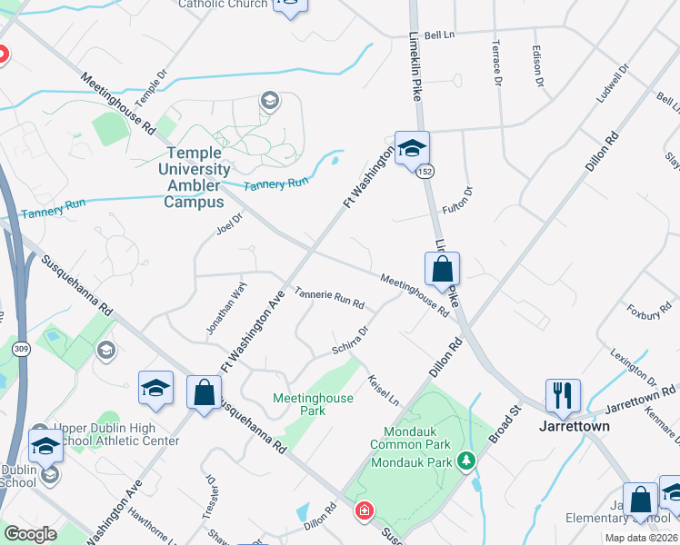 map of restaurants, bars, coffee shops, grocery stores, and more near 1020 Meetinghouse Road in Ambler