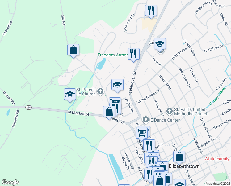 map of restaurants, bars, coffee shops, grocery stores, and more near 35 Elm Avenue in Elizabethtown