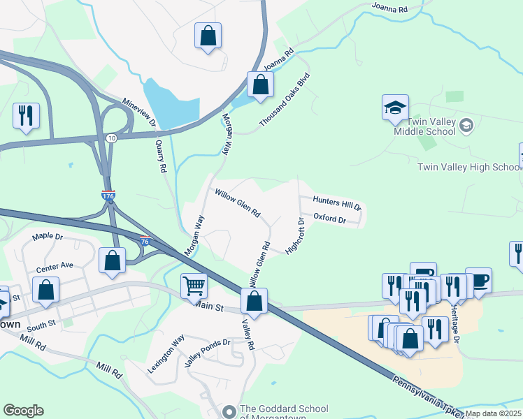 map of restaurants, bars, coffee shops, grocery stores, and more near 400 Willow Glen Road in Morgantown