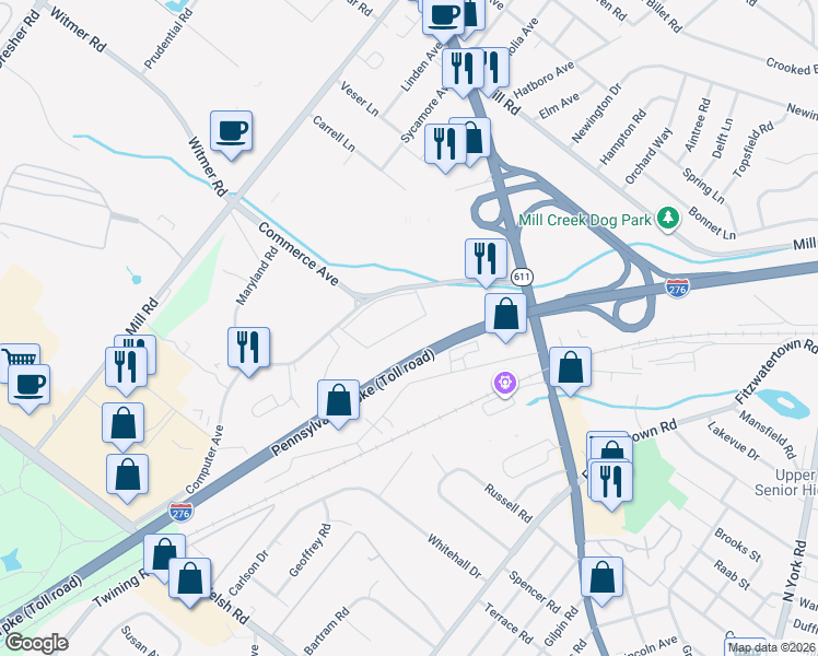 map of restaurants, bars, coffee shops, grocery stores, and more near 2501 Maryland Road in Willow Grove