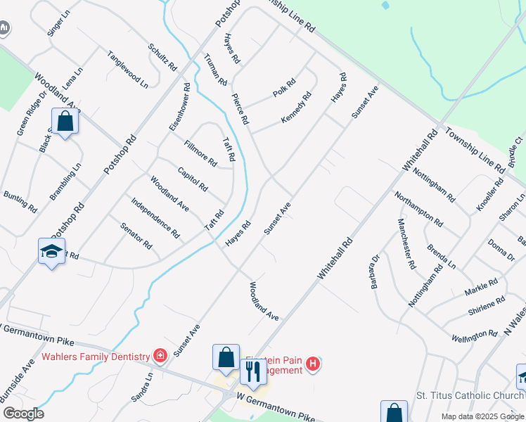 map of restaurants, bars, coffee shops, grocery stores, and more near 3114 Hayes Road in Norristown
