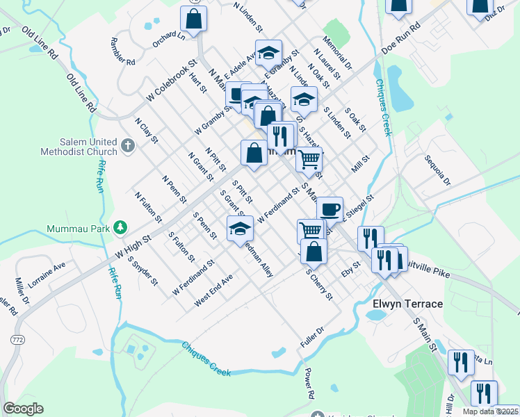 map of restaurants, bars, coffee shops, grocery stores, and more near 90 South Charlotte Street in Manheim