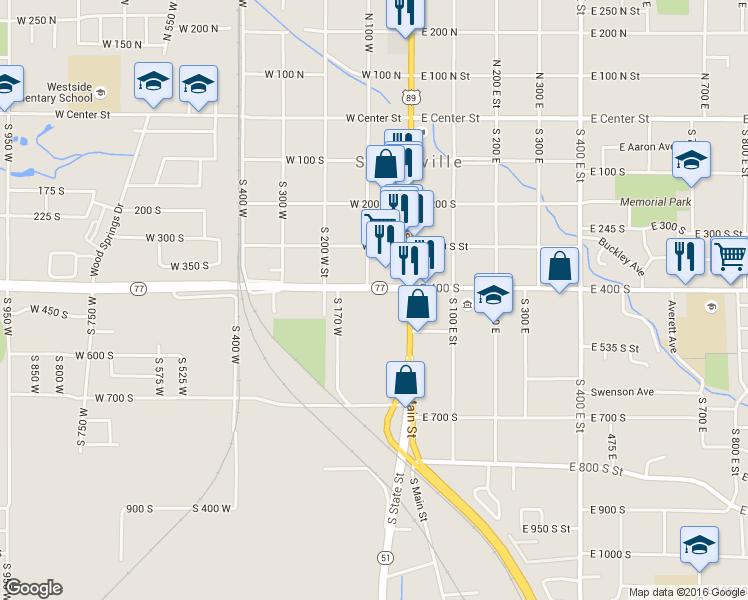 map of restaurants, bars, coffee shops, grocery stores, and more near 85 W 400 S in Springville