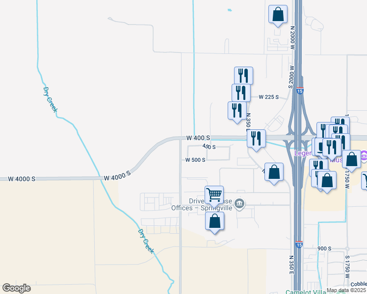 map of restaurants, bars, coffee shops, grocery stores, and more near 466 South 2550 West in Springville