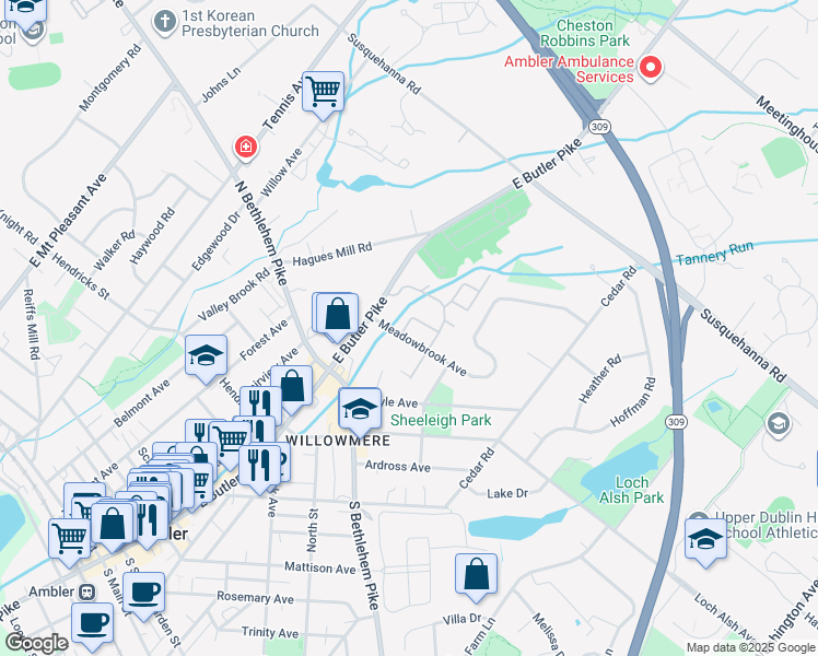 map of restaurants, bars, coffee shops, grocery stores, and more near 48 Cavendish Drive in Ambler