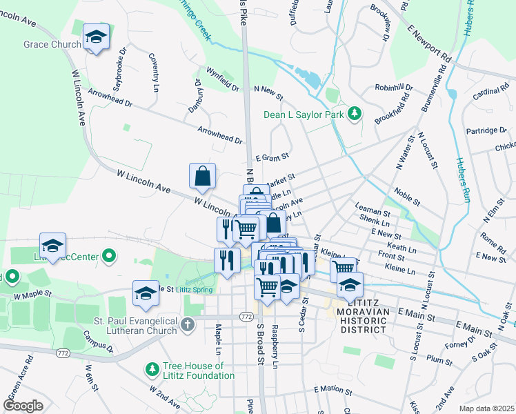 map of restaurants, bars, coffee shops, grocery stores, and more near 218 North Broad Street in Lititz