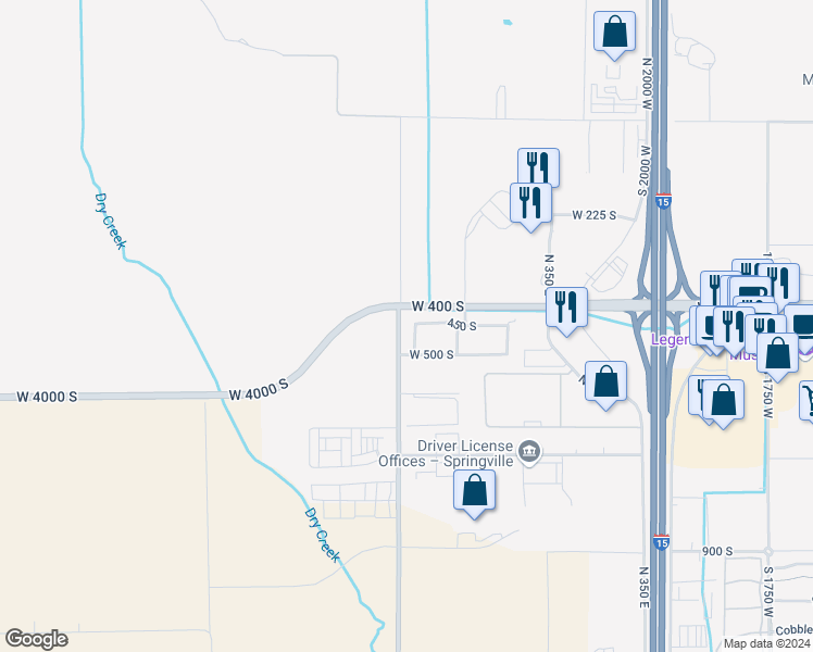 map of restaurants, bars, coffee shops, grocery stores, and more near 466 South 2550 West in Springville