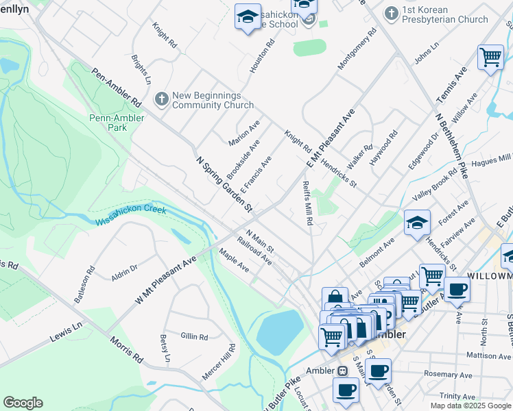 map of restaurants, bars, coffee shops, grocery stores, and more near 311 North Spring Garden Street in Ambler