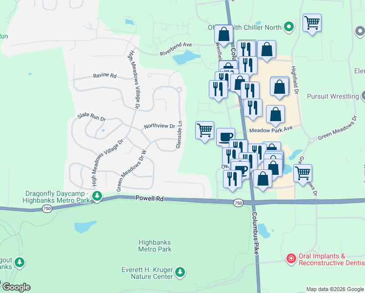 map of restaurants, bars, coffee shops, grocery stores, and more near 530 Glenside Lane in Powell