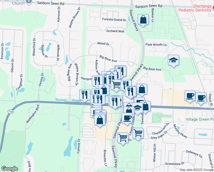 map of restaurants, bars, coffee shops, grocery stores, and more near 4000 West Powell Road in Powell