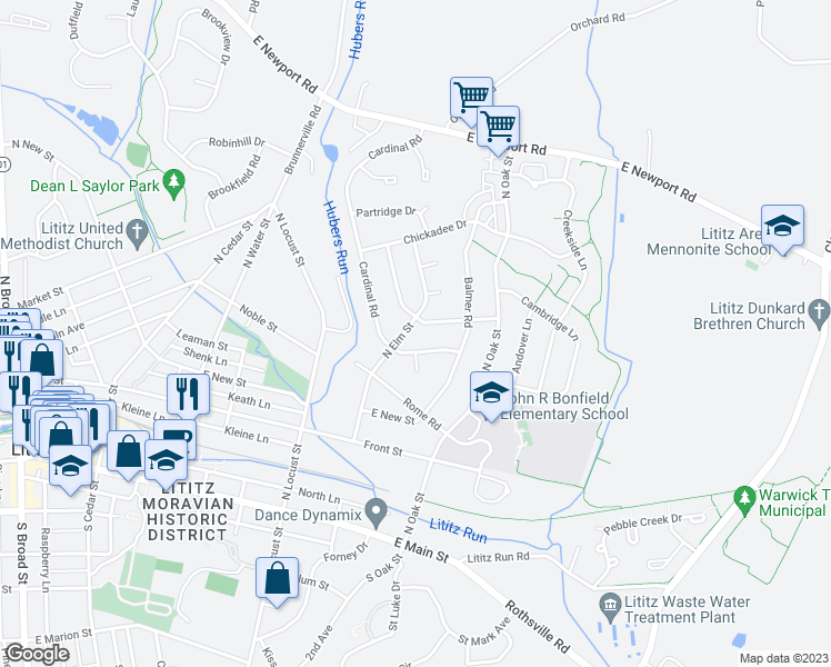 map of restaurants, bars, coffee shops, grocery stores, and more near 405 North Elm Street in Lititz
