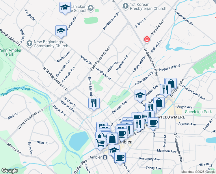 map of restaurants, bars, coffee shops, grocery stores, and more near 206 Fulling Mill Lane in Ambler