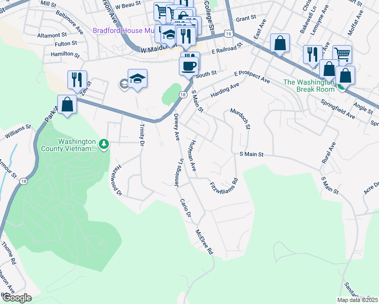 map of restaurants, bars, coffee shops, grocery stores, and more near 50 Huffman Avenue in Washington