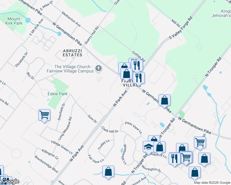 map of restaurants, bars, coffee shops, grocery stores, and more near 951 South Valley Forge Road in Norristown