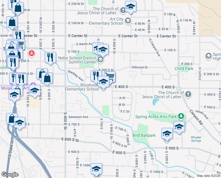 map of restaurants, bars, coffee shops, grocery stores, and more near 10 South Brookside Drive in Springville