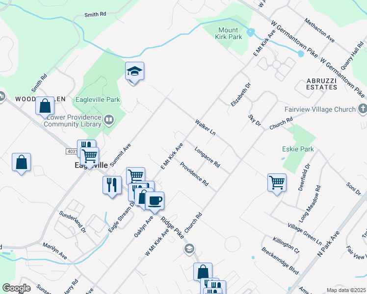 map of restaurants, bars, coffee shops, grocery stores, and more near 112 East Mount Kirk Avenue in Eagleville