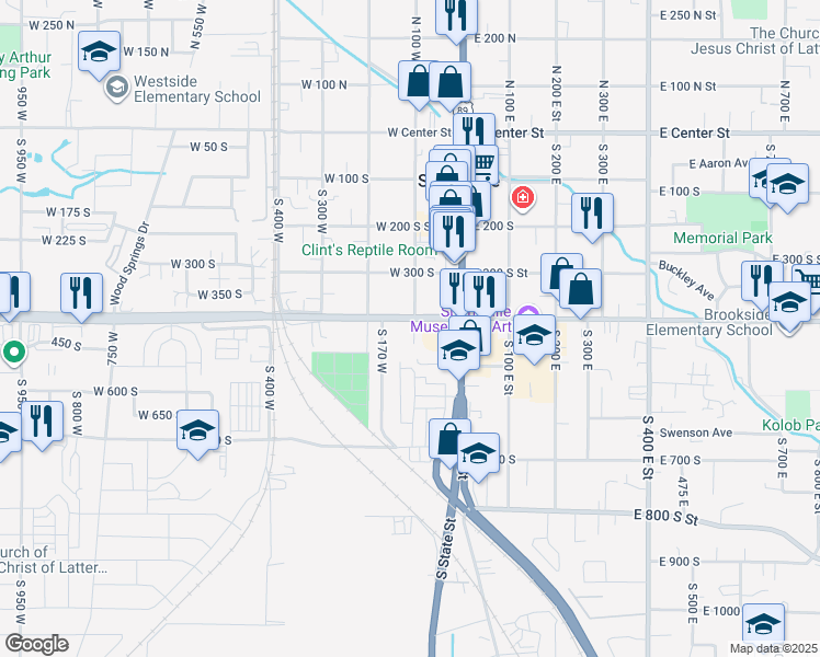 map of restaurants, bars, coffee shops, grocery stores, and more near 105 West 400 South in Springville