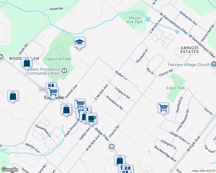 map of restaurants, bars, coffee shops, grocery stores, and more near 112 East Mount Kirk Avenue in Eagleville