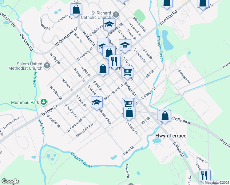 map of restaurants, bars, coffee shops, grocery stores, and more near 90 South Charlotte Street in Manheim