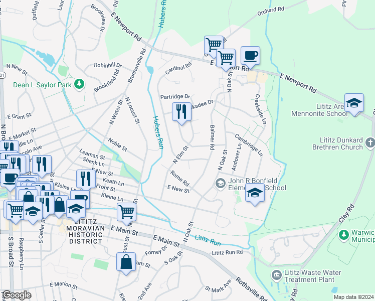 map of restaurants, bars, coffee shops, grocery stores, and more near 405 North Elm Street in Lititz