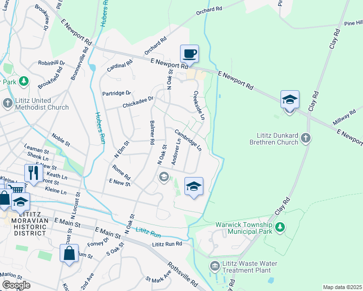 map of restaurants, bars, coffee shops, grocery stores, and more near 233 Andover Lane in Lititz