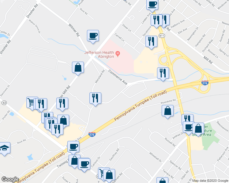 map of restaurants, bars, coffee shops, grocery stores, and more near 2476 Maryland Road in Willow Grove
