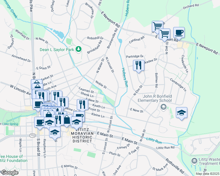 map of restaurants, bars, coffee shops, grocery stores, and more near 231 Noble Street in Lititz