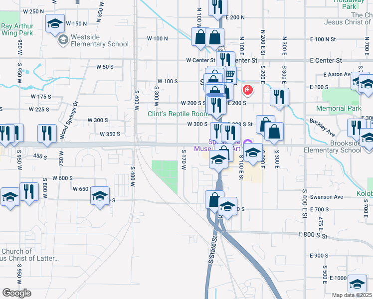 map of restaurants, bars, coffee shops, grocery stores, and more near 159 400 South in Springville