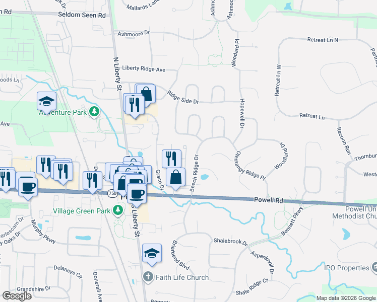 map of restaurants, bars, coffee shops, grocery stores, and more near 161 Beech Ridge Drive in Powell
