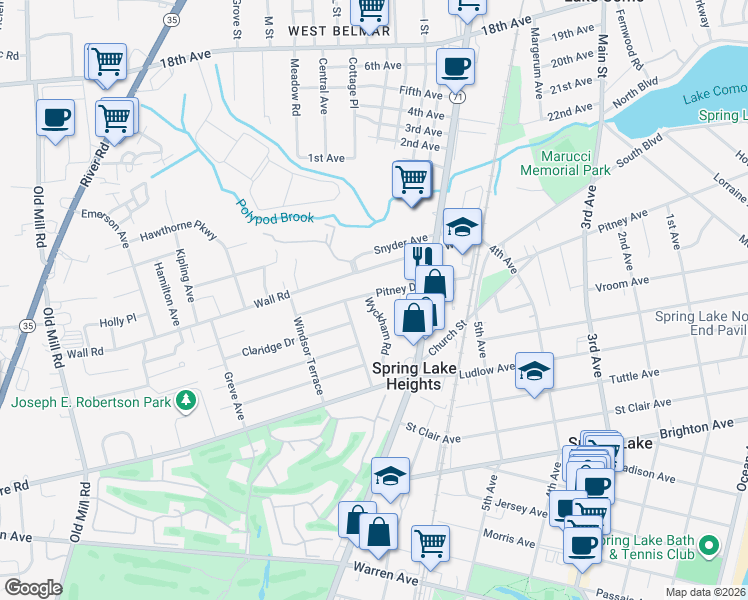 map of restaurants, bars, coffee shops, grocery stores, and more near 721 Pitney Drive in Spring Lake