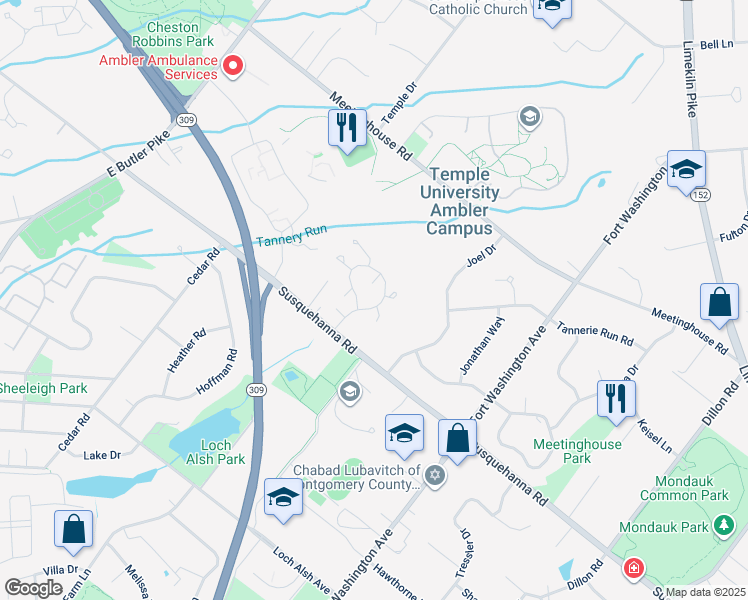 map of restaurants, bars, coffee shops, grocery stores, and more near 2903 Honey Run Road in Ambler