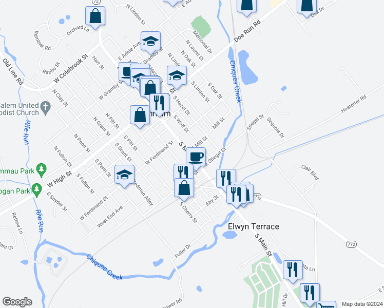 map of restaurants, bars, coffee shops, grocery stores, and more near 147 South Main Street in Manheim